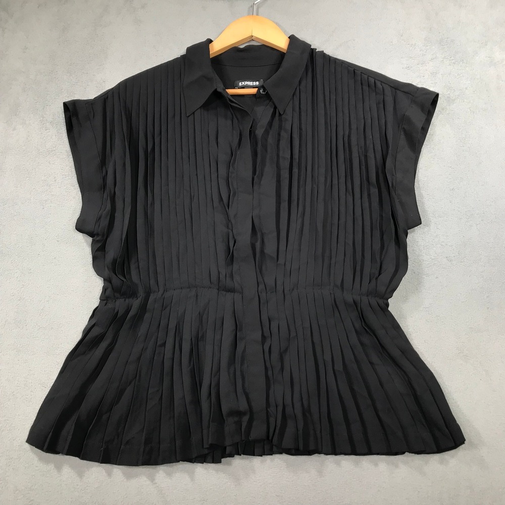 Express Blouse Womens Large Black Excellent Pleated Cinched Waist Button Front